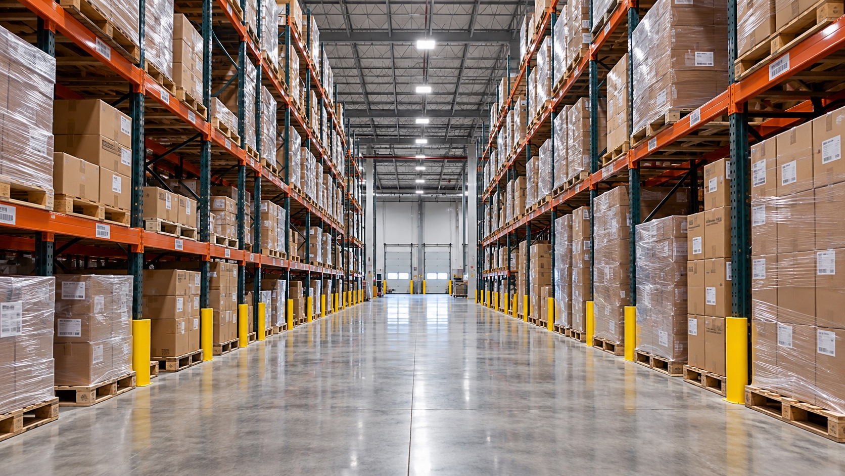 Pallet racking aisle stocked with cartons for several clients