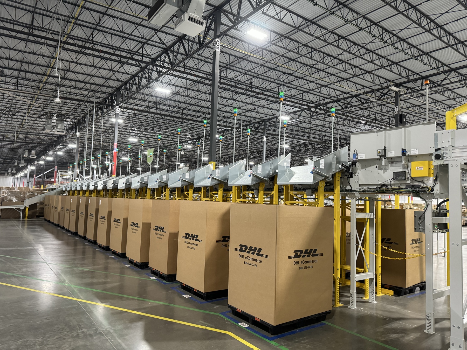 Completed automated ship sorter with outbound parcels staged in the warehouse